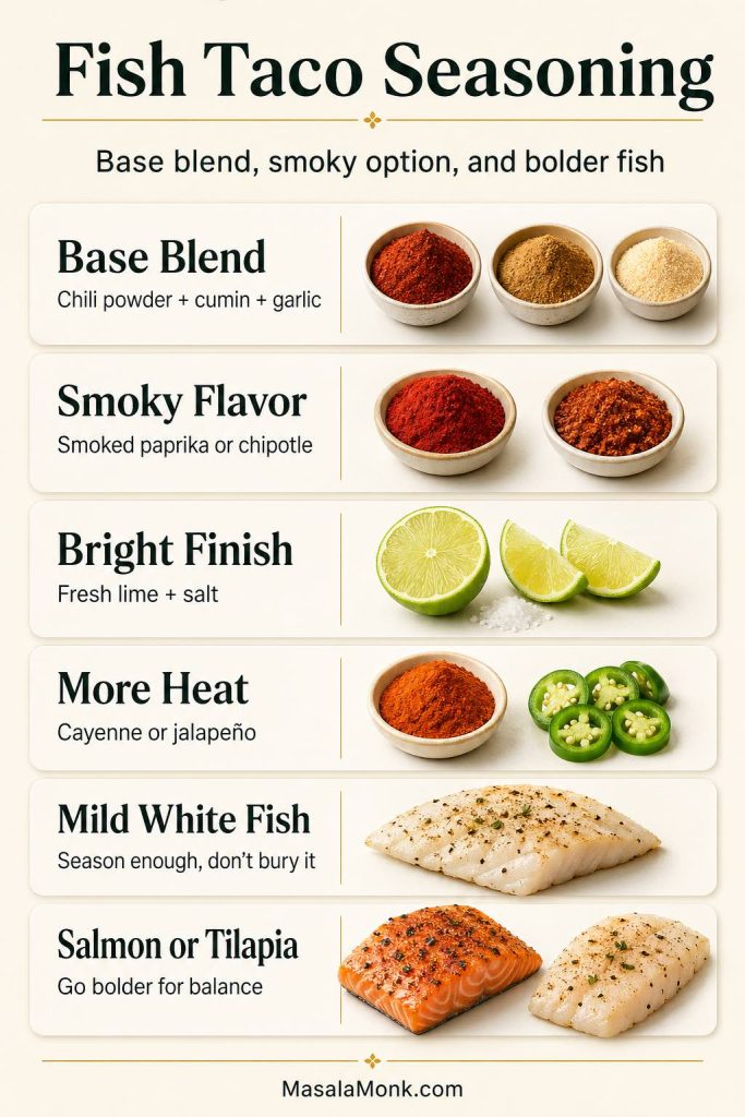A vertical fish taco seasoning guide showing chili powder, cumin, garlic, smoked paprika, chipotle, lime, salt, cayenne, jalapeño, mild white fish, salmon, and tilapia, with tips for base seasoning, smoky flavor, heat, and bolder fish.