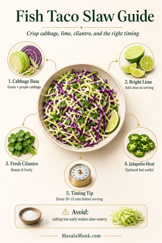 A fish taco slaw guide showing a bowl of crisp green and purple cabbage slaw with lime, cilantro, jalapeño, a timing tip to dress 10 to 15 minutes before serving, and a warning not to salt too early.