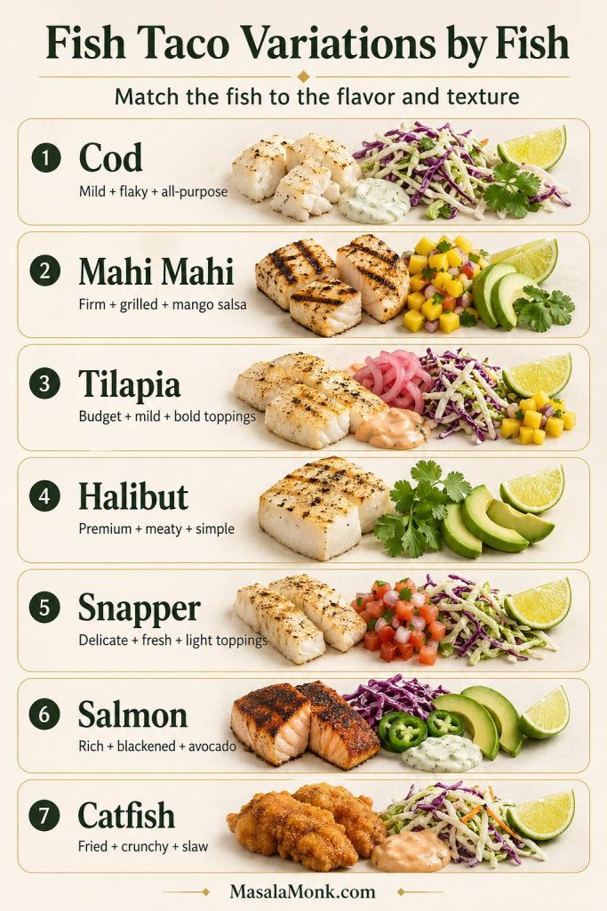 A fish taco variations by fish guide comparing cod, mahi mahi, tilapia, halibut, snapper, salmon, and catfish with suggested flavor and texture pairings such as flaky, grilled, budget-friendly, premium, blackened, and fried.