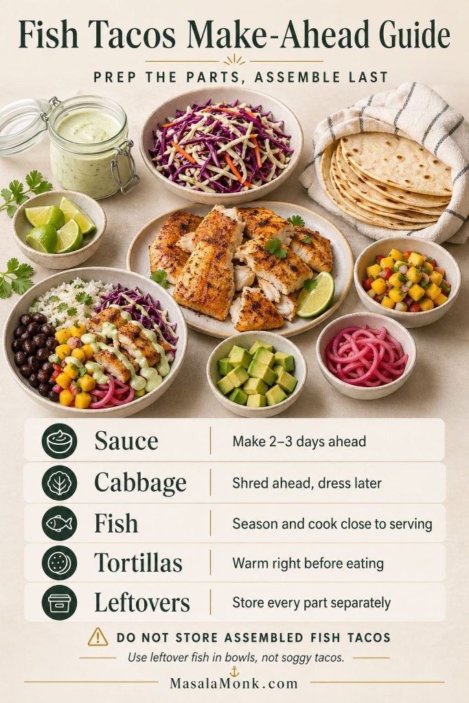 A fish tacos make-ahead guide showing lime crema, cabbage slaw, cooked fish, warm tortillas, mango salsa, pickled onions, avocado, lime, and a leftover fish taco bowl, with tips to prep parts ahead and store them separately.