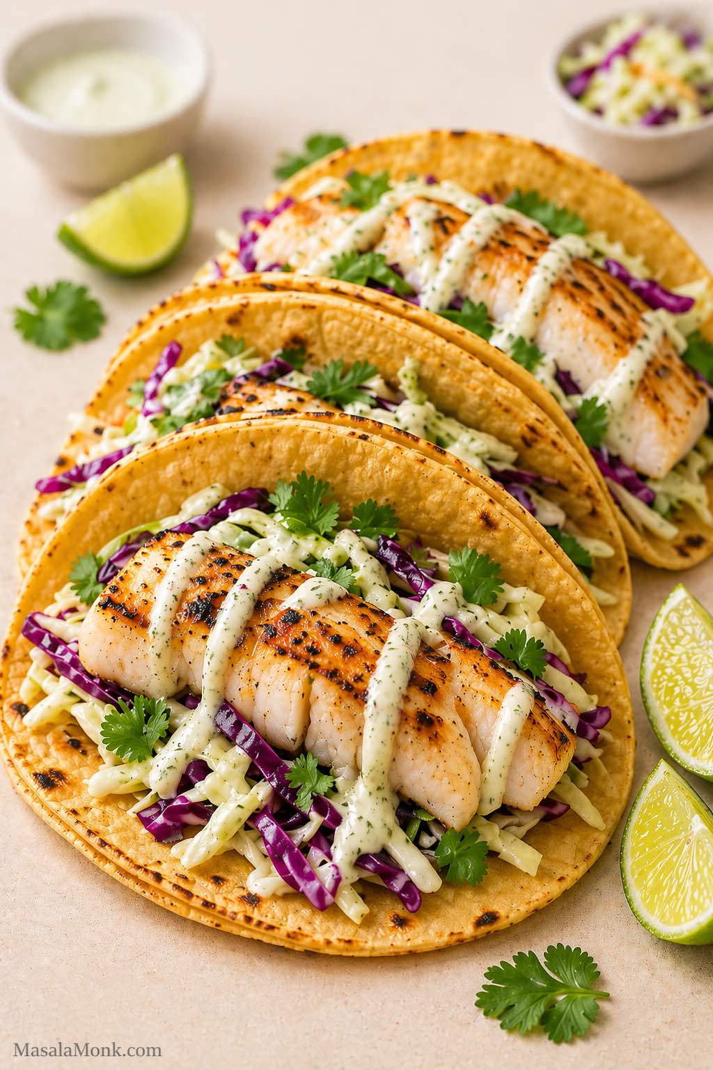 Three cod fish tacos in warm corn tortillas with cabbage slaw, lime crema, cilantro, and lime wedges.