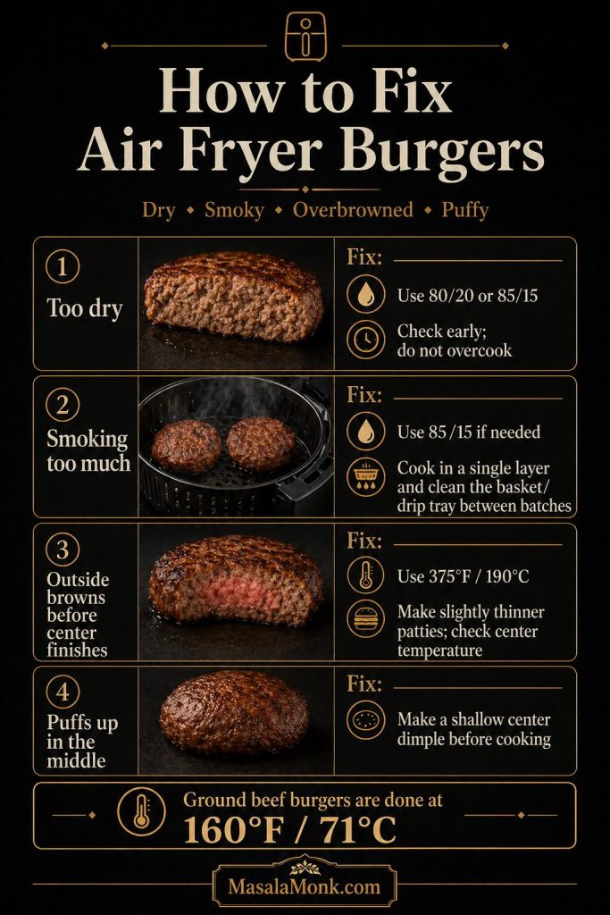 Air fryer burger troubleshooting guide showing fixes for dry burgers, smoking, outside browning before the center finishes, puffing in the middle, and checking for 160°F internal temperature.