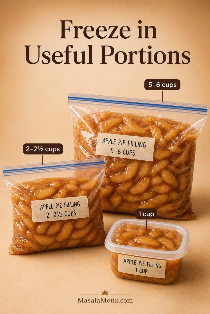 Freezer portions of apple pie filling labeled 1 cup, 2 to 2 1/2 cups, and 5 to 6 cups.