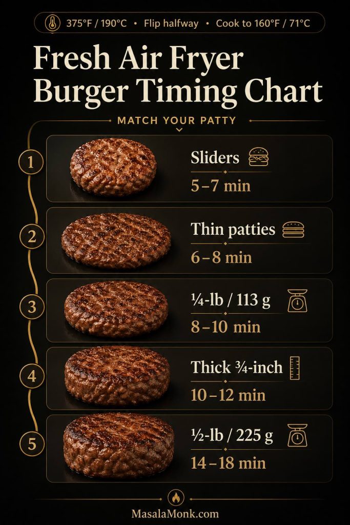 Fresh air fryer burger timing chart comparing sliders, thin patties, quarter-pound patties, thicker three-quarter-inch patties, and half-pound patties with their cook times.