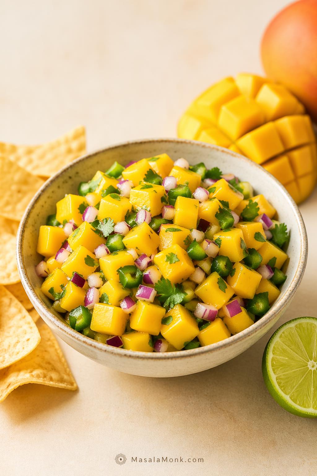 Fresh mango salsa recipe in a bowl with diced mango, red onion, jalapeño, cilantro, lime, and tortilla chips, shown chunky and glossy without tomato.