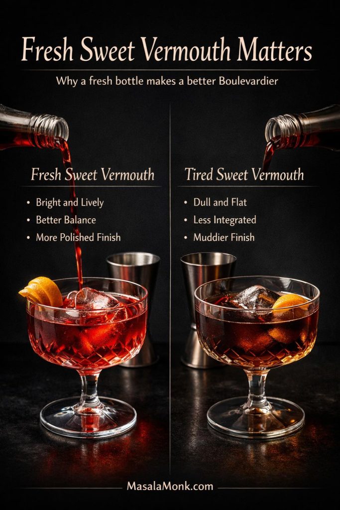 Comparison guide showing a brighter Boulevardier made with fresh sweet vermouth beside a flatter one made with tired vermouth.
