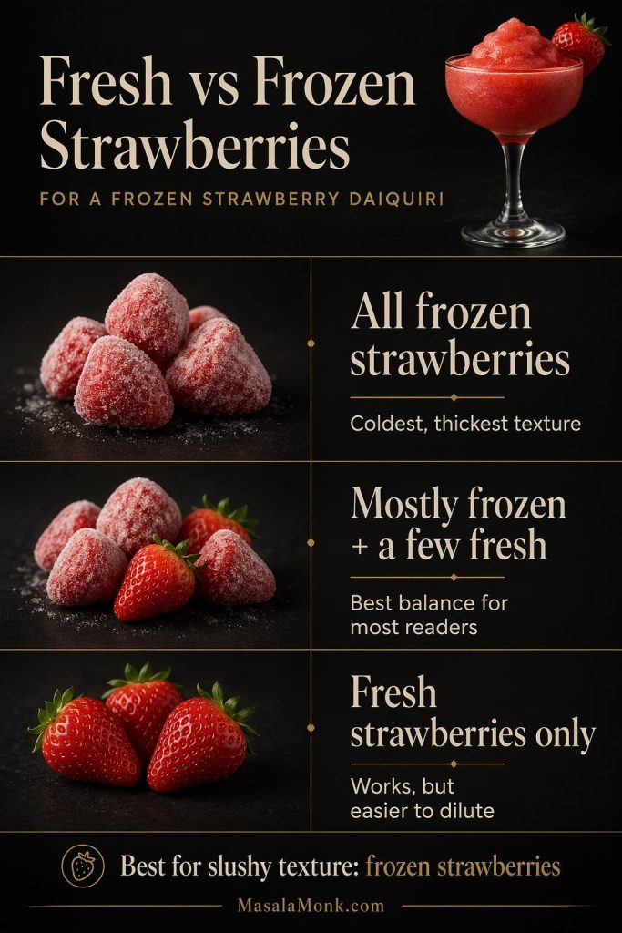 Fresh vs frozen strawberries guide for a frozen strawberry daiquiri, comparing all frozen strawberries, mostly frozen with a few fresh, and fresh strawberries only.