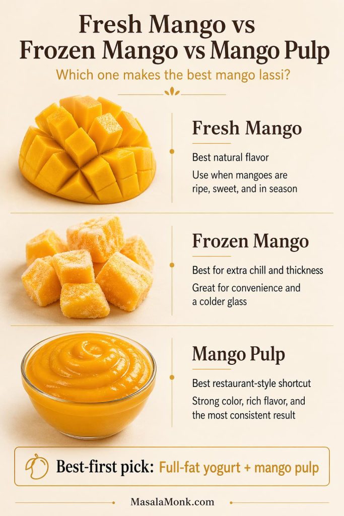 Comparison of fresh mango, frozen mango, and mango pulp for making mango lassi, with notes on flavor, thickness, and restaurant-style results.