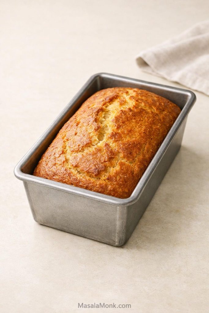 Freshly baked gluten free sourdough loaf in a metal loaf pan with deep golden crust.