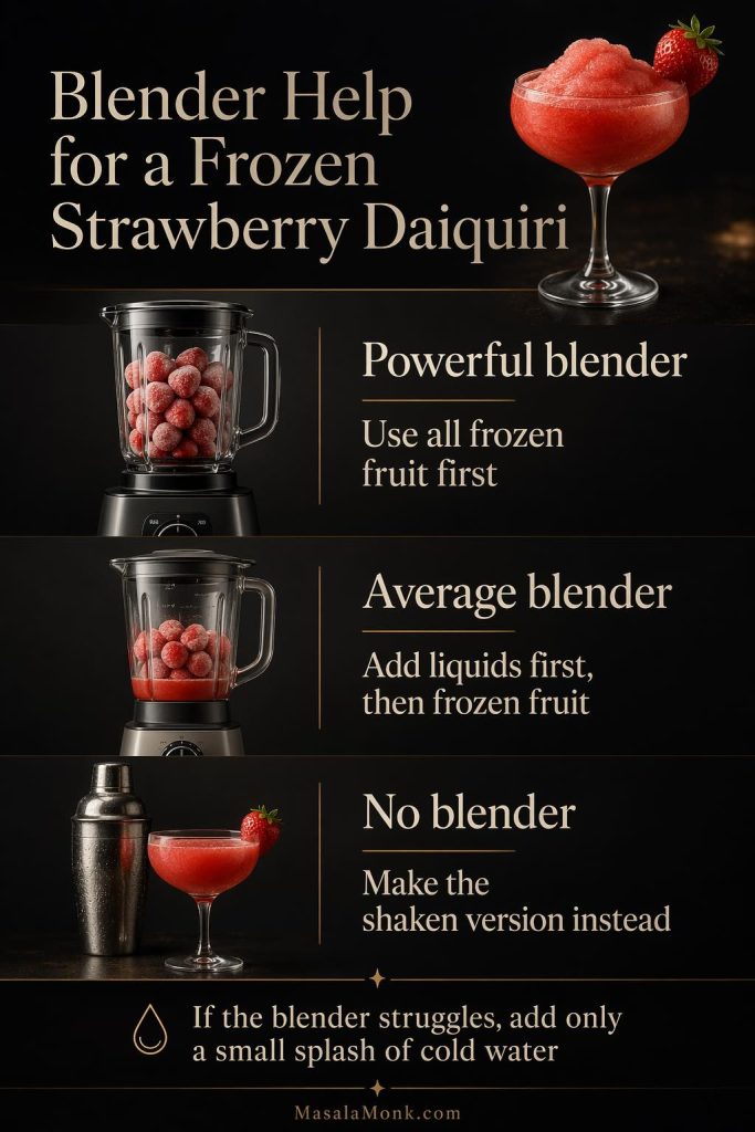 Frozen strawberry daiquiri blender help guide comparing what to do with a powerful blender, an average blender, or no blender.