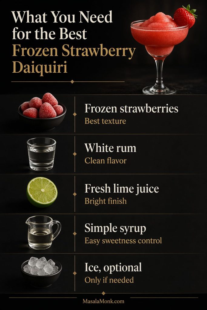 Frozen strawberry daiquiri ingredients guide showing frozen strawberries, white rum, fresh lime juice, simple syrup, and optional ice with short notes on what each one does.