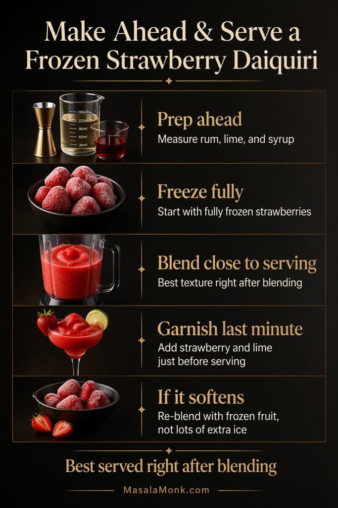 Make-ahead and serving guide for frozen strawberry daiquiris showing what to prep ahead, when to blend, when to garnish, and how to fix a softened batch.