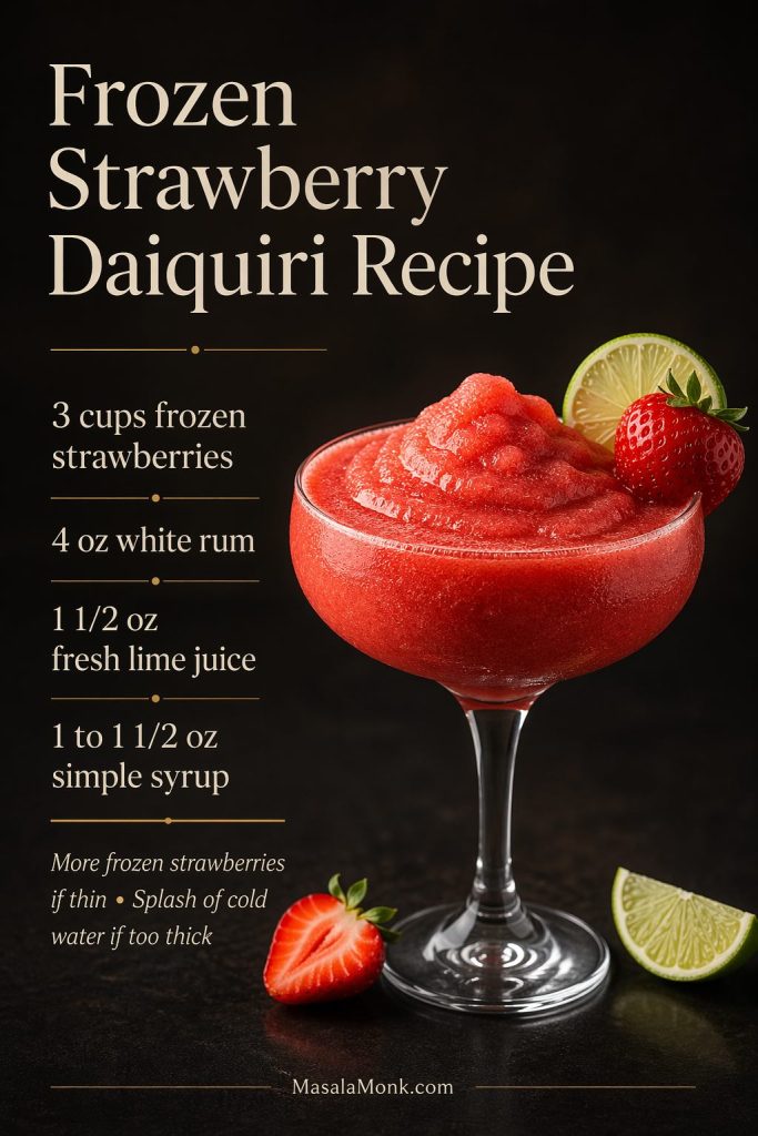 Frozen strawberry daiquiri recipe card image with a stemmed glass cocktail, ingredient amounts, and strawberry and lime garnish on a dark editorial background.