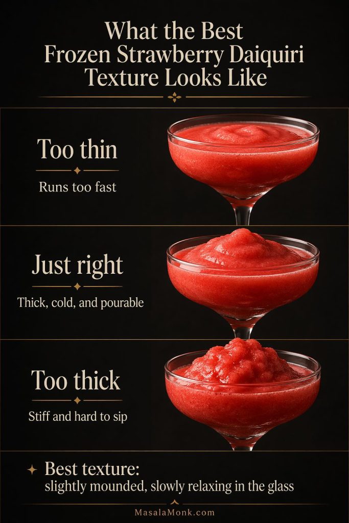 Frozen strawberry daiquiri texture guide showing three consistency levels: too thin, just right, and too thick