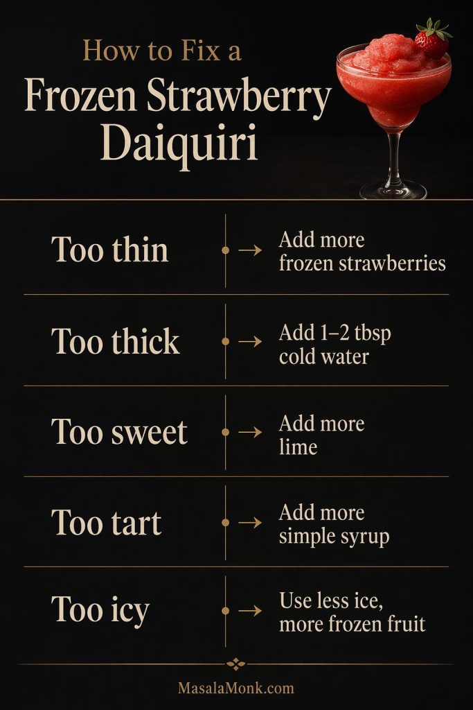 Frozen strawberry daiquiri troubleshooting guide showing how to fix a drink that is too thin, too thick, too sweet, too tart, or too icy.