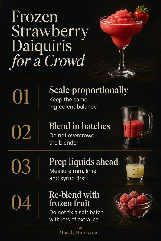 Frozen strawberry daiquiris for a crowd guide showing how to scale proportionally, blend in batches, prep liquids ahead, and re-blend with frozen fruit.