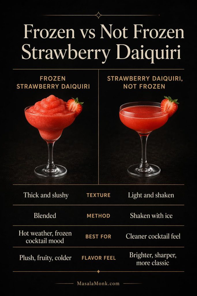 Comparison board showing frozen strawberry daiquiri versus strawberry daiquiri not frozen, including differences in texture, method, best use, and flavor feel.