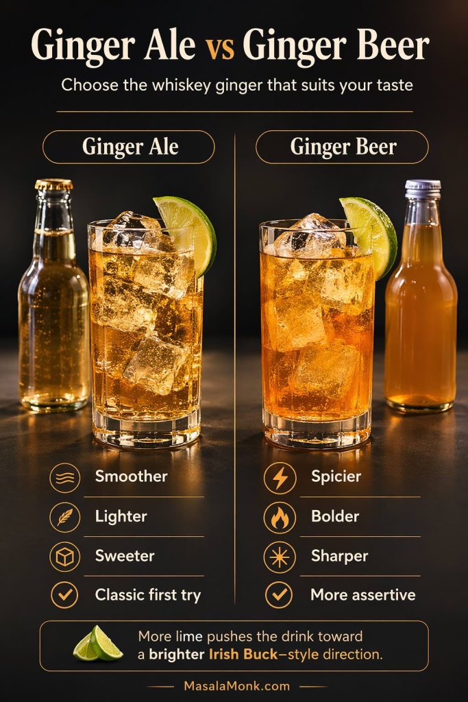 Ginger ale vs ginger beer comparison guide for whiskey ginger showing how ginger ale makes a smoother, lighter drink and ginger beer makes a spicier, bolder version.