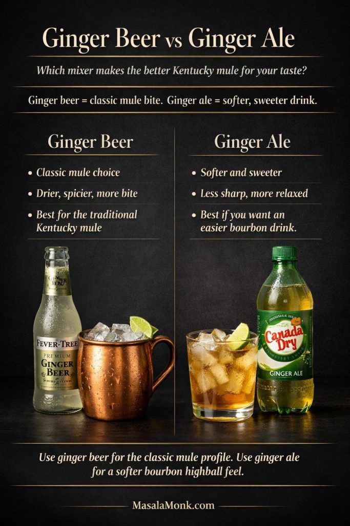 Comparison guide showing ginger beer versus ginger ale for a Kentucky mule, with ginger beer paired with a classic copper-mug mule and ginger ale paired with a softer bourbon highball-style version.