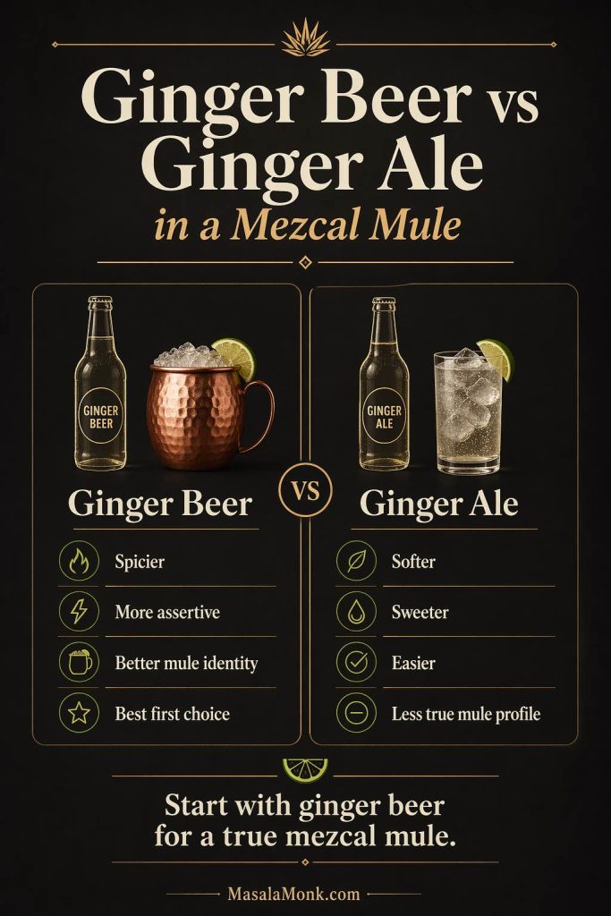 Ginger beer vs ginger ale comparison for a mezcal mule, showing ginger beer as spicier and more mule-like while ginger ale is softer and sweeter.