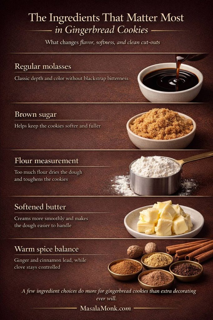 Ingredient guide for gingerbread cookies showing regular molasses, brown sugar, careful flour measurement, softened butter, and warm spice balance for better flavor and cleaner cut-outs.