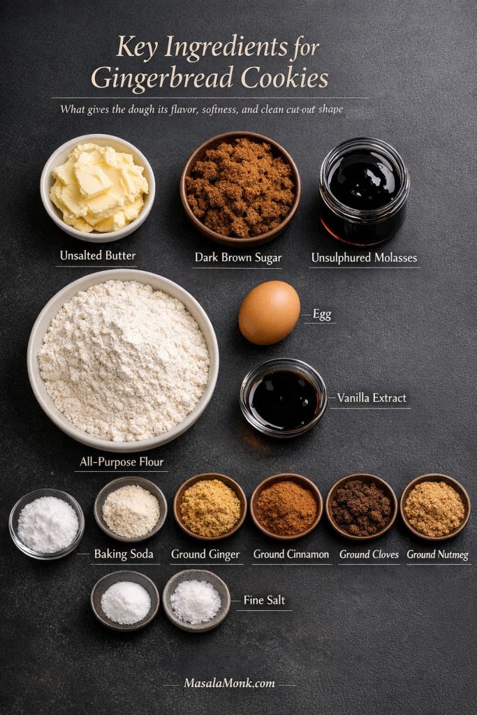 Labeled gingerbread cookies ingredient guide showing unsalted butter, dark brown sugar, unsulphured molasses, all-purpose flour, egg, vanilla extract, baking soda, ground ginger, ground cinnamon, ground cloves, ground nutmeg, and fine salt.