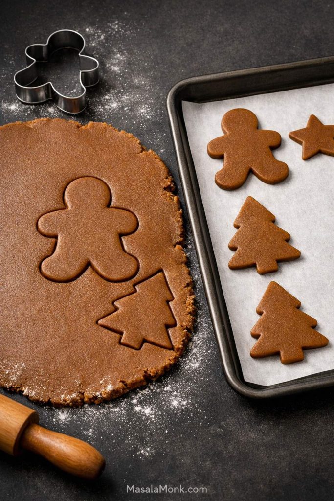 Gingerbread cookies recipe dough rolled out and cut into gingerbread men and stars, with clean shapes transferred to a parchment-lined baking tray before baking.