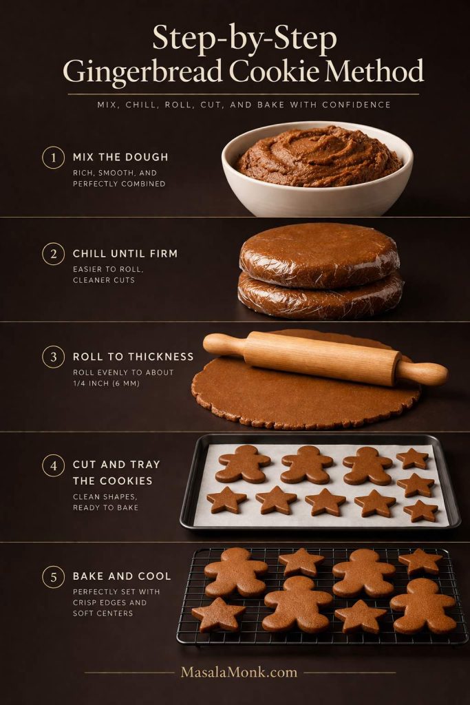 Step-by-step gingerbread cookie method graphic showing how to mix the dough, chill until firm, roll to thickness, cut and tray the cookies, then bake and cool.