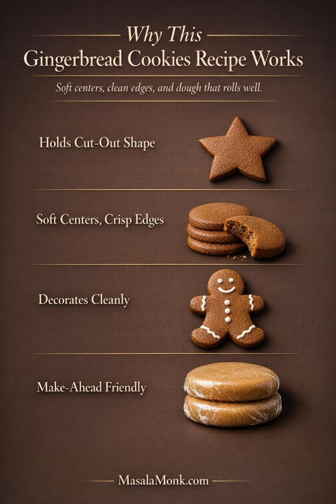 Why this gingerbread cookies recipe works graphic showing clean cut-out shape, soft centers with crisp edges, easy decorating, and make-ahead dough.