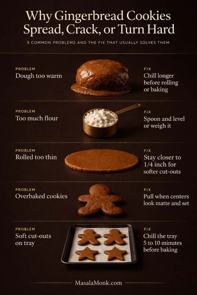 Troubleshooting guide for gingerbread cookies showing how to fix warm dough, too much flour, thin rolled dough, overbaking, and soft cut-outs on the tray.