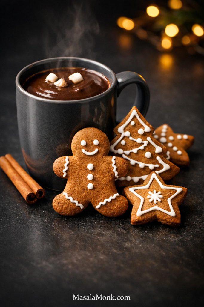 Gingerbread cookies served with hot chocolate in a black mug, with a gingerbread man, tree, and star cookies decorated with simple white icing on a dark surface.
