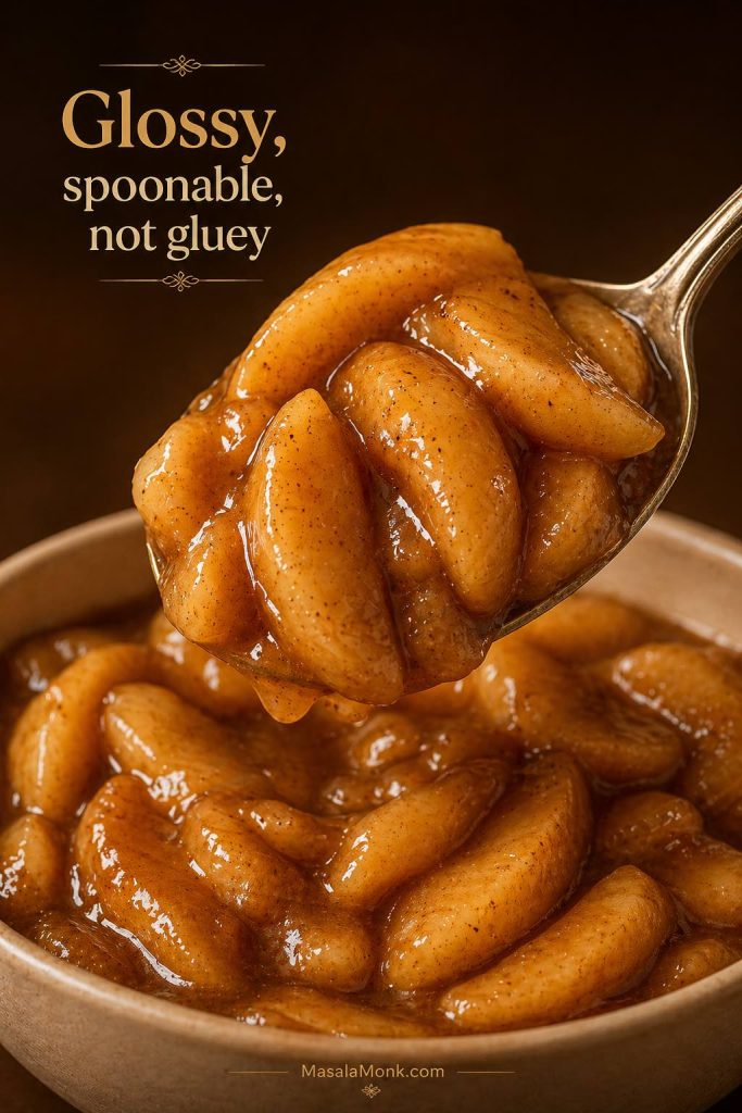 Close-up spoon lifting glossy cinnamon apple pie filling, with thick sauce clinging to sliced apples.