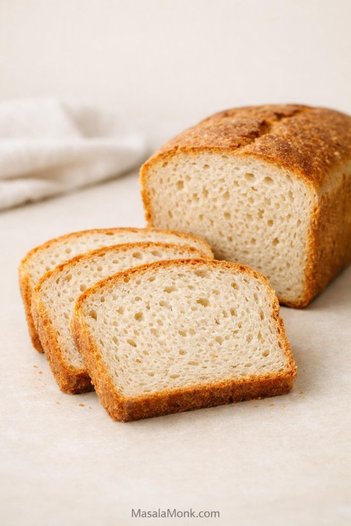 Fully cooled gluten free sourdough bread sliced to show a moist tender crumb.