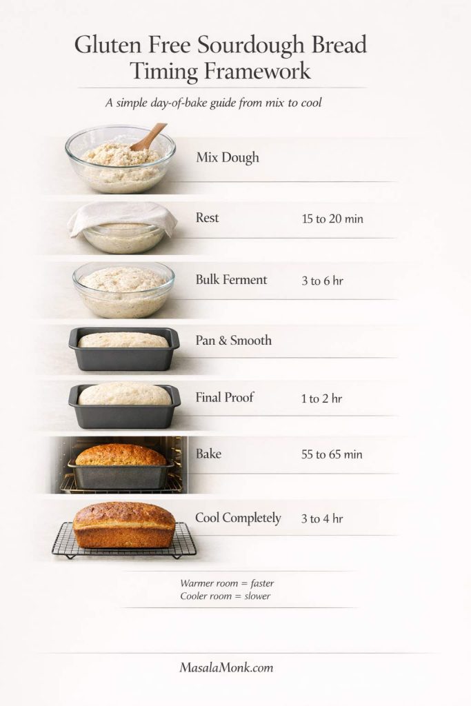 Timing framework guide for gluten free sourdough bread showing mix dough, rest, bulk ferment, pan and smooth, final proof, bake, and cool completely.