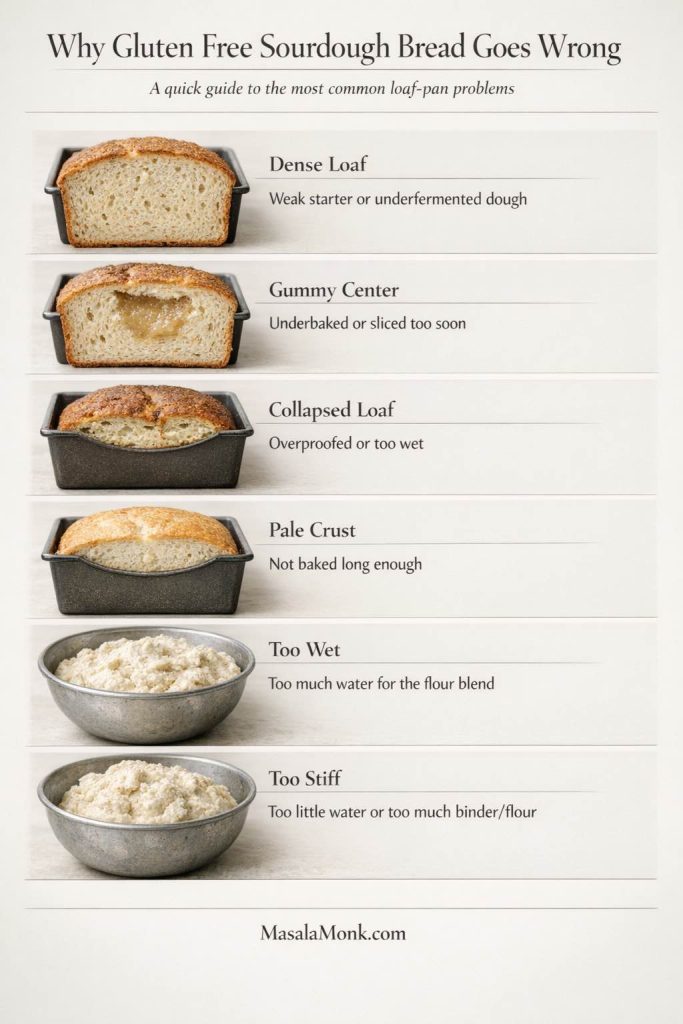 Troubleshooting card for dense gummy collapsed pale wet and stiff gluten free sourdough bread.