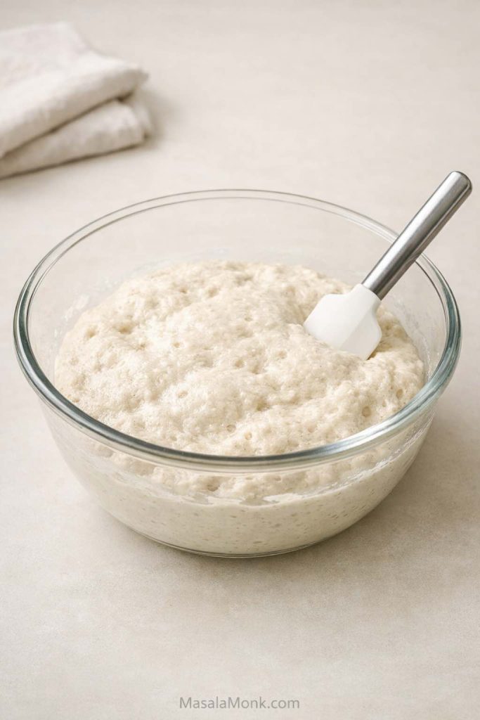 Gluten free sourdough dough after bulk fermentation looking lighter and more aerated in a bowl.