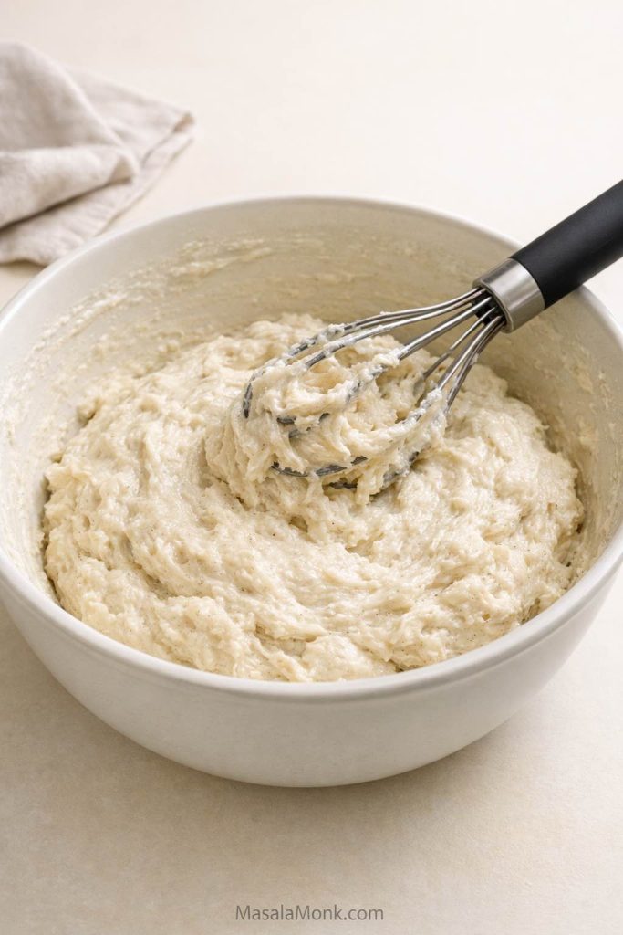 Gluten free sourdough dough after mixing in a bowl with soft sticky texture.