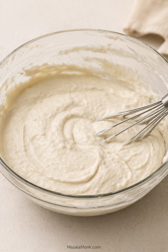 Gluten free sourdough dough after resting in a bowl with smoother more settled texture.