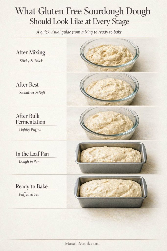 Visual guide showing gluten free sourdough dough from mixing through ready-to-bake stage.
