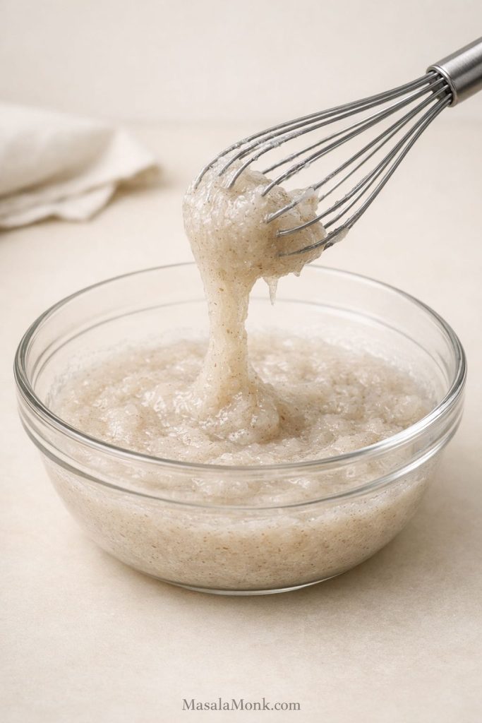 Psyllium husk gel for gluten free sourdough bread thickened in a bowl before mixing