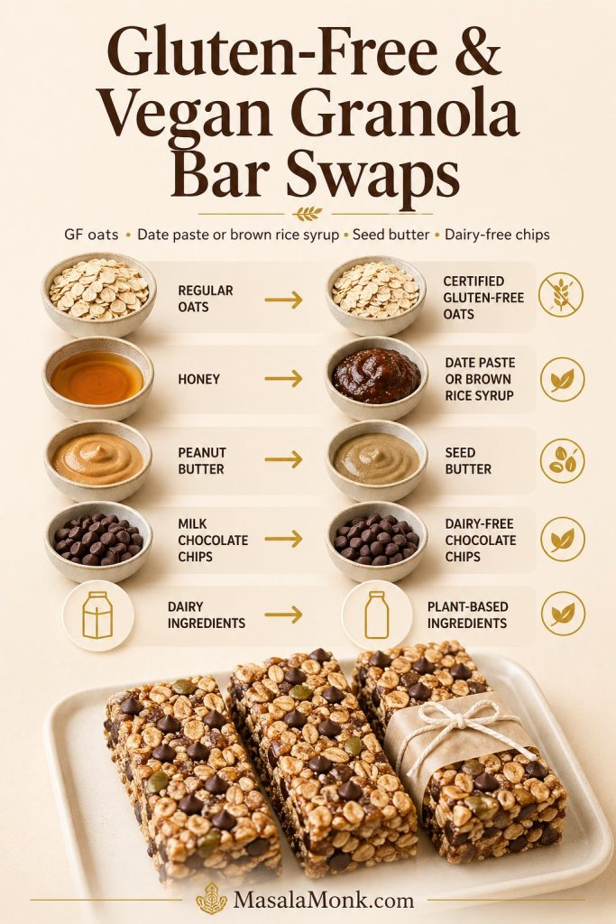 Swap guide for gluten-free and vegan granola bars showing regular oats changed to certified gluten-free oats, honey to date paste or brown rice syrup, peanut butter to seed butter, and milk chocolate chips to dairy-free chips.