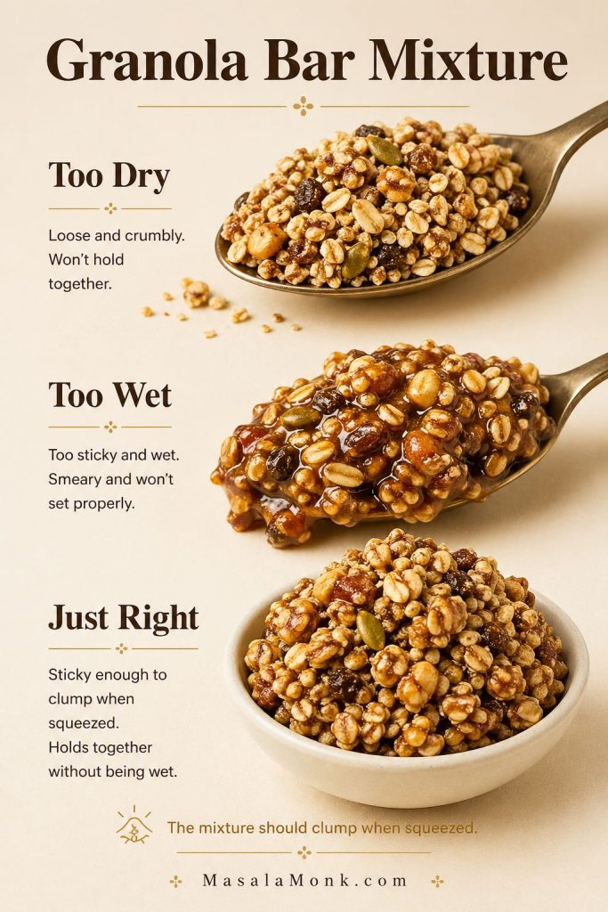 Texture guide showing granola bar mixture that is too dry, too wet, and just right, with the note that the mixture should clump when squeezed.