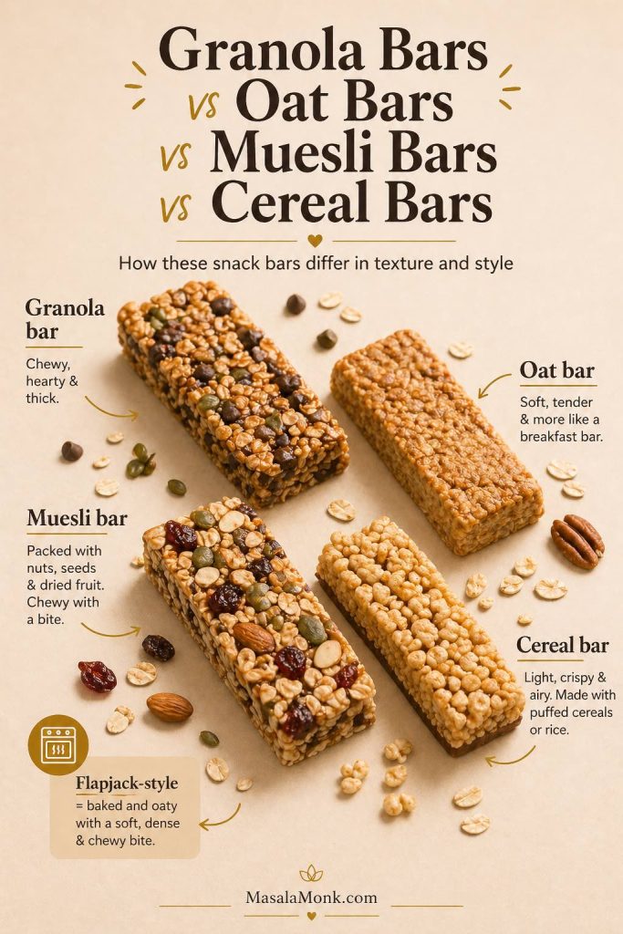 Comparison image showing a granola bar, oat bar, muesli bar, and cereal bar, with notes on texture, ingredients, and style differences.