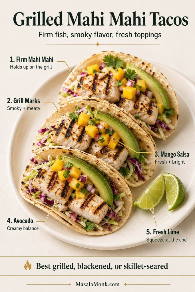 A grilled mahi mahi tacos guide showing firm grilled mahi mahi with mango salsa, avocado, cabbage slaw, lime, and cilantro, with callouts for grill marks, fresh toppings, and why mahi mahi works well for grilled fish tacos.