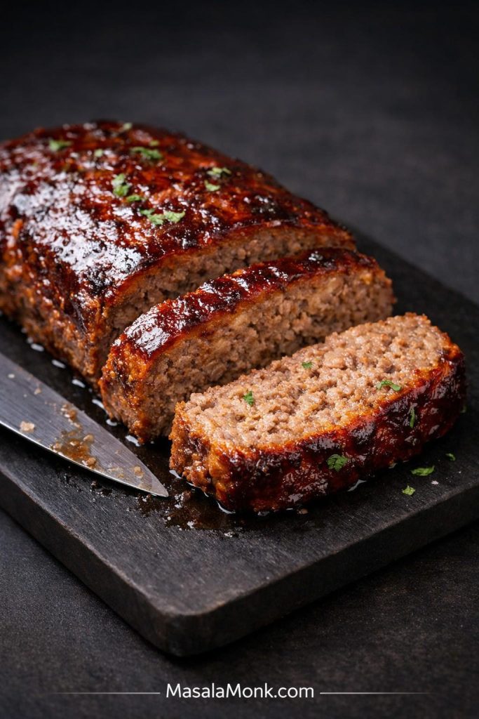 Ground beef and pork meatloaf process image showing glossy rested slices on a dark board with a knife.