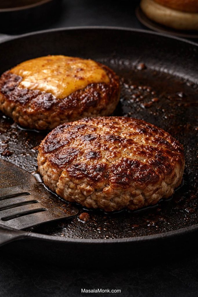 Ground pork burgers process image showing two browned pork patties in a skillet, one with melted cheese and a spatula underneath.