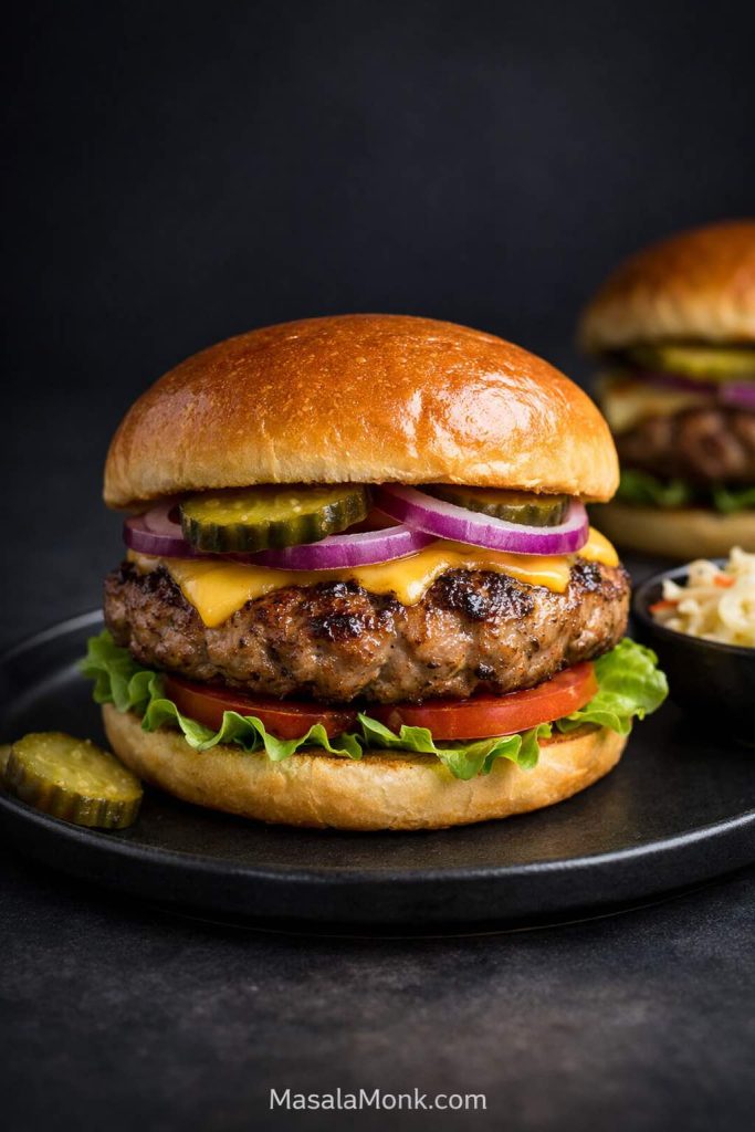 Ground pork burger with cheese, pickles, red onion, tomato, and lettuce on a toasted bun.