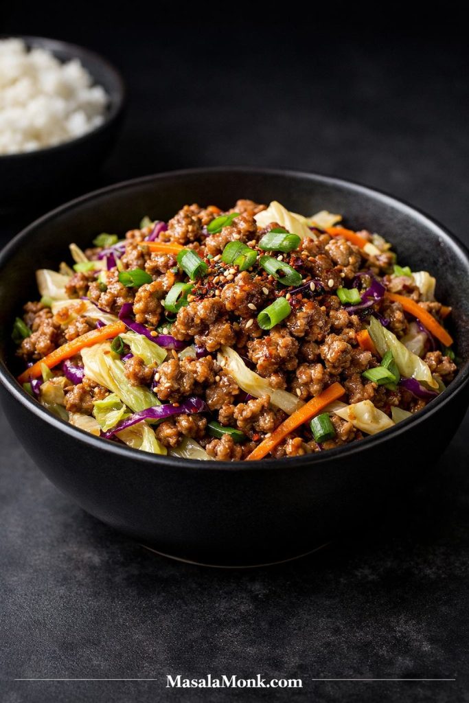 Ground pork egg roll bowl with cabbage, carrots, scallions, and sesame in a black bowl.