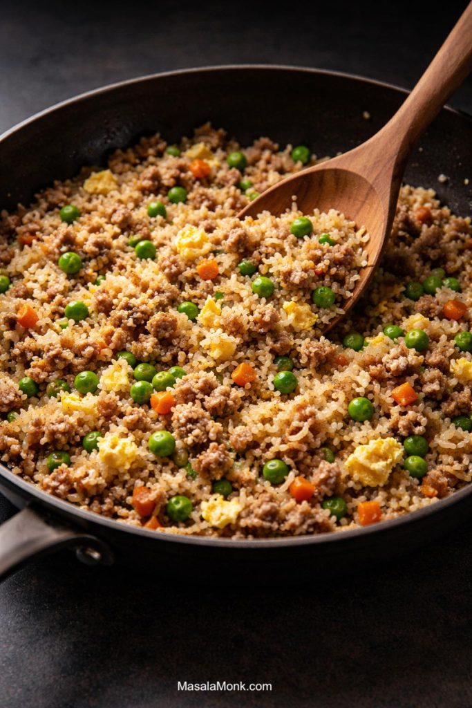 Ground pork fried rice process image showing separate rice grains with browned pork, peas, carrots, egg, and a wooden spoon in a skillet.