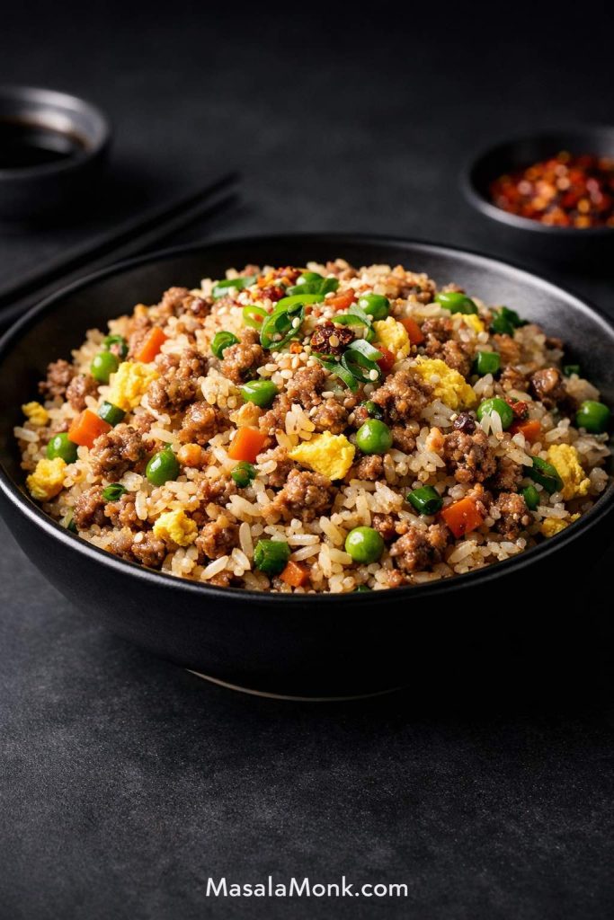 Ground pork fried rice with egg, peas, carrots, scallions, and separate rice grains in a black bowl.